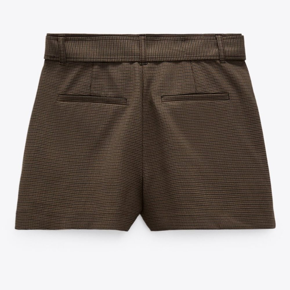 NEW Zara Houndstooth Checker Plaid High Waist Self Tie Belt Shorts Dark Brown S - Picture 8 of 10